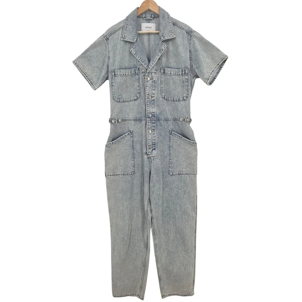 Pistola Womens L Grover Denim Jumpsuit Boiler Suit in Light Wash
